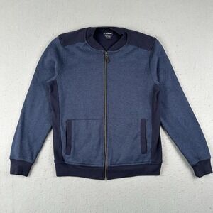 LL Bean Full Zip Sweater Cardigan Men's Medium Blue Elbow Patch Traditional Fit